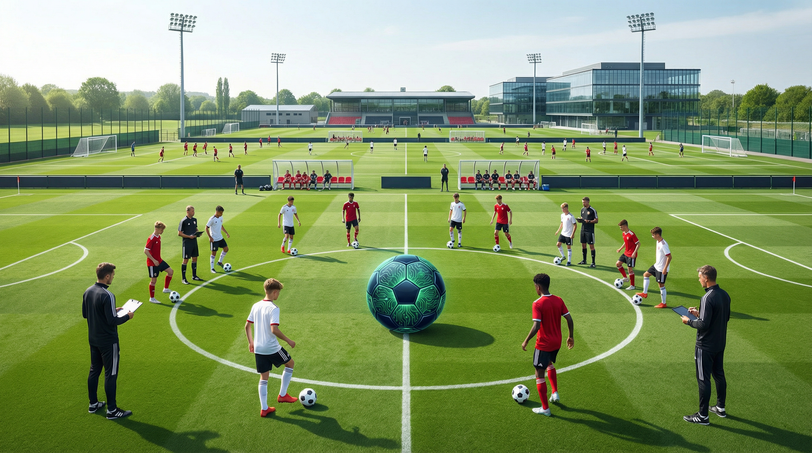 European elite academy soccer training ground with AI coaching analytics for player development